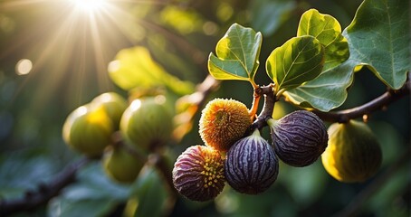 fig A visually striking image capturing the cluster of ripe figs on a branch, with the sunlight highlighting the glossy surface and the surrounding foliage -Generative Ai - obrazy, fototapety, plakaty