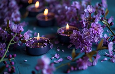 lots of purple blooming flowers on dark blue background, and candles with oil on them