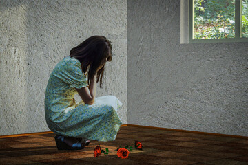 Девушка, оскорбленная любовью, в интерьере комнаты. Разбросанный букет роз на полу. 3d rendering.