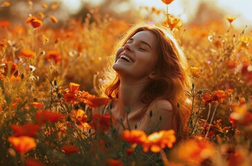 girl laughing in a field of flowers