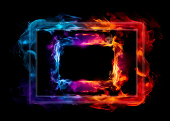 Frame of multi-colored neon fire on black background