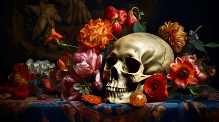 Vanitas - still life with skull and flowers