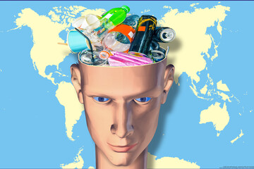 A man's head is filled with garbage on the background of a world map. 3d rendering.