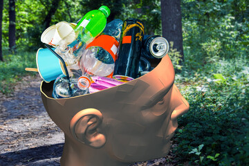 A man's head is filled with garbage against the background of nature. 3d rendering.