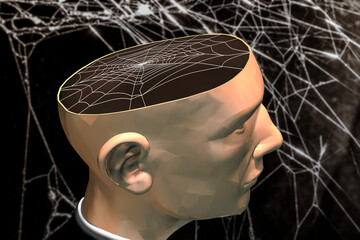 A spider's web in a man's head against the background of a spider's web. 3d rendering.