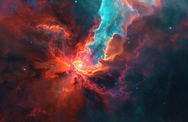 Obraz na płótnie Canvas orange and blue nebula with a red star and red star