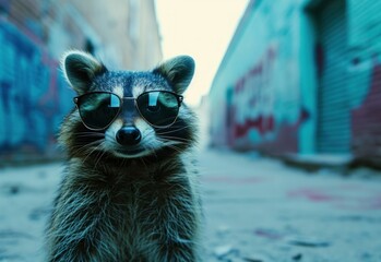 one raccoon wearing sunglasses