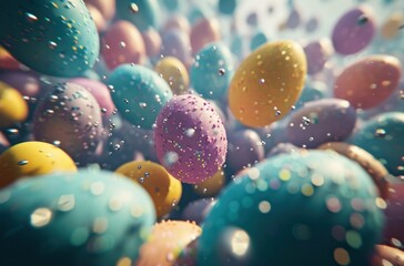 large colorful easter eggs are floating in a beautiful background