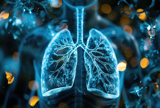 Projection of human lungs in 3D body model, lungs highlighted in blue colour red foci inflammation disease respiratory system