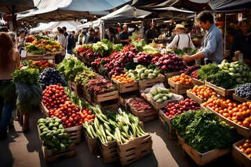 A bustling farmer's market with stalls selling fresh produce, flowers, and artisanal goods. - obrazy, fototapety, plakaty