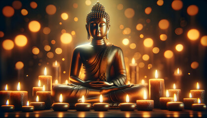 Magical buddha statue in the temple with burning candles.