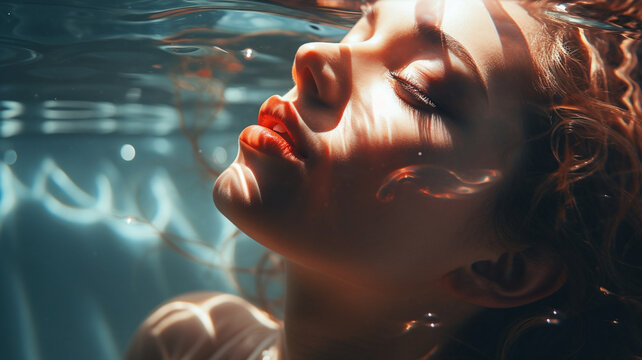 A picture of a beautiful woman with her eyes closed under water, grooming. cosmetics photo, beauty industry advertising photo.