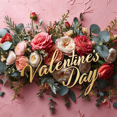 Naklejka na ściany i meble Valentine's day concept flower and font gold red.