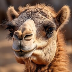 Portrait of a camel in the desert, close-up.