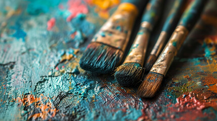 Naklejka premium Minimalistic a few paint brush and paint background concept with empty space. The canvas is filled with paintings