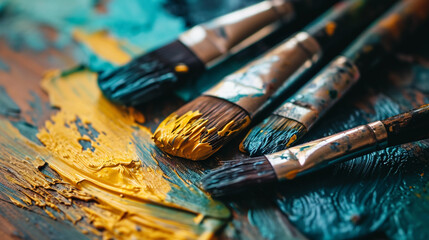Fototapeta premium Minimalistic a few paint brush and paint background concept with empty space. The canvas is filled with paintings