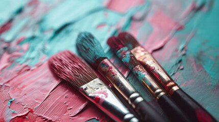Fototapeta premium Minimalistic a few paint brush and paint background concept with empty space. The canvas is filled with paintings