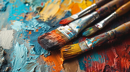 Fototapeta premium Minimalistic a few paint brush and paint background concept with empty space. The canvas is filled with paintings