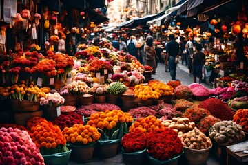 A bustling city market with stalls selling colorful flowers, fruits, and artisanal goods. - obrazy, fototapety, plakaty