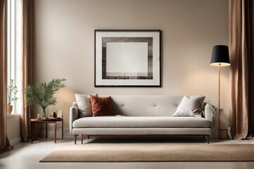 Frame mockup Living room wall poster mockup contemporary Scandinavian style interior background design Modern interior design : A modern, sleek interior with a blank picture frame on the wall