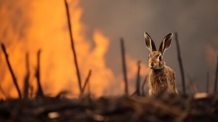 A resilient hare races against time, seeking refuge from the raging fire.