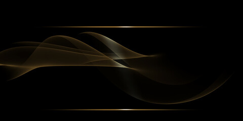abstract smoke wave, abstract illustration of luxurious black lines on a dark background with golden accents and geometric shapes