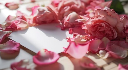 pink rose petals with a blank piece of paper, greeting card and a pink card with pink roses
