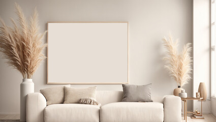 a mockup of a modern living room background with a beige sofa and pampas grass in a scandinavian style, featuring a blank horizontal poster frame.