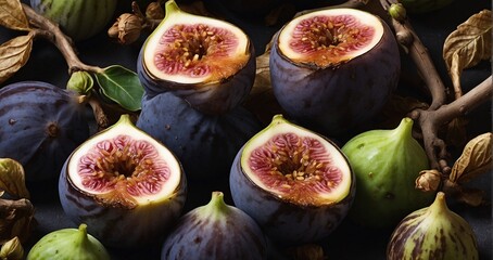 fig Zoom in to reveal the exquisite details of freshly harvested figs, capturing the interplay of light and shadow on the succulent fruit and surrounding foliage -Generative Ai