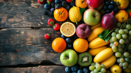 Table with colorful fruits in corner, with copy space, ai generative