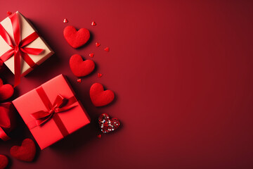 Valentine's day background with red hearts and gift box on red background Happy Valentines day