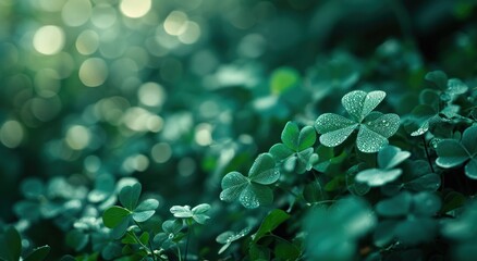 shamrock leaves on green background with bokeh
