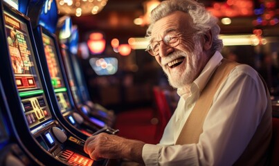 Crazy old man playing on slot machine in casino. - obrazy, fototapety, plakaty