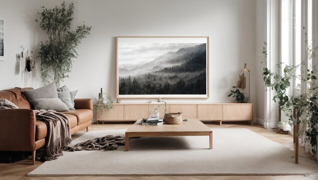 Frame mockup Living room wall poster mockup contemporary  Scandinavian living room with a blank horizontal poster frame as your canvas