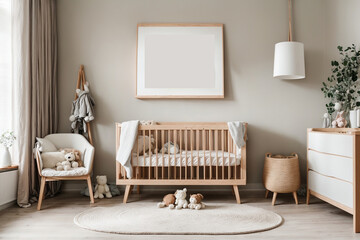 a serene and minimalist scandinavian nursery with a warm wooden crib, adorable plush toys, and a blank poster frame to add a personal touch to your baby's space