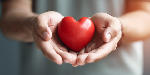 Close up of woman hands holding red heart. Love and health care concept Happy valentine day