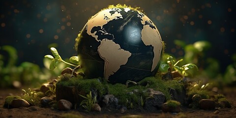 Globe in the grass with bokeh background, save the earth concept