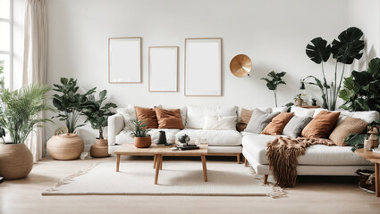 Design sofa, tropical plant, pillows, blanket, gramophone Frame mockup Living room wall poster mockup contemporary Scandinavian style interior background design Modern interior design 