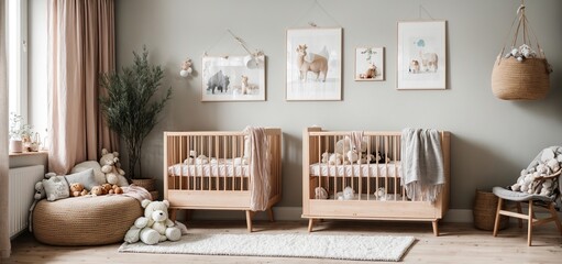 Scandinavian-inspired baby room featuring a gorgeous wooden cot, cuddly toys, and a blank poster frame to display your child's emerging artistic talents
