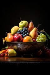 Fresh fruits in a bowl on a wooden table. Black background.