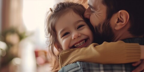 Close-up of daughter's hug with father. - obrazy, fototapety, plakaty