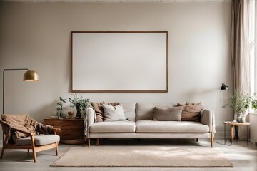 Frame mockup Living room wall poster mockup contemporary Scandinavian style interior background design Modern interior design