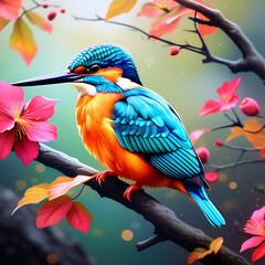 A colorful kingfisher bird sitting on a tree branch