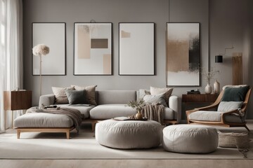 a soft armchair, a warm pouf, and a modern wooden commode, all tastefully arranged in a room that is roomy and fashion contemporary Scandinavian style interior background design Modern interior design