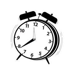 Ringing alarm clock. The black and white clock wakes you up, rings, reminds you.