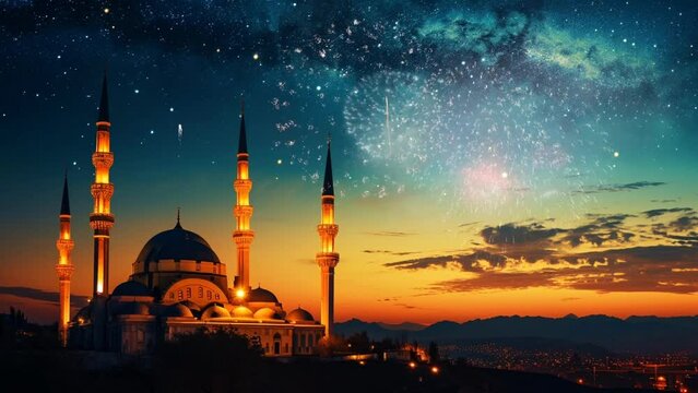 ramadan kareem eid mubarak royal elegant lamp with mosque holy gate with fireworks. Seamless looping time-lapse virtual video animation background 