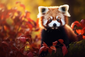 Red panda in autumn forest. Cute animal in nature.