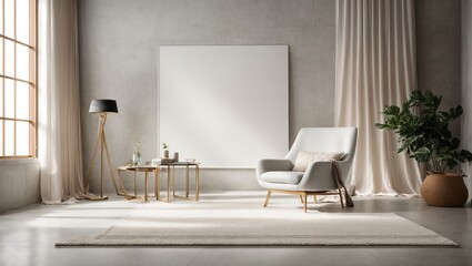 a modern oasis with a soft carpet, a minimalist white chair, and elegant Frame mockup Living room wall poster mockup contemporary Scandinavian style interior background design Modern interior design