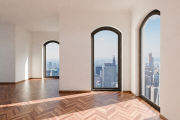empty luxurious loft apartment with floor-to-ceiling windows and panoramic view; modern minimalistic interior design; bright daylight; 3D rendering