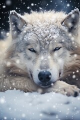 Obraz premium Portrait of a wolf lying in the snow. Snowfall.